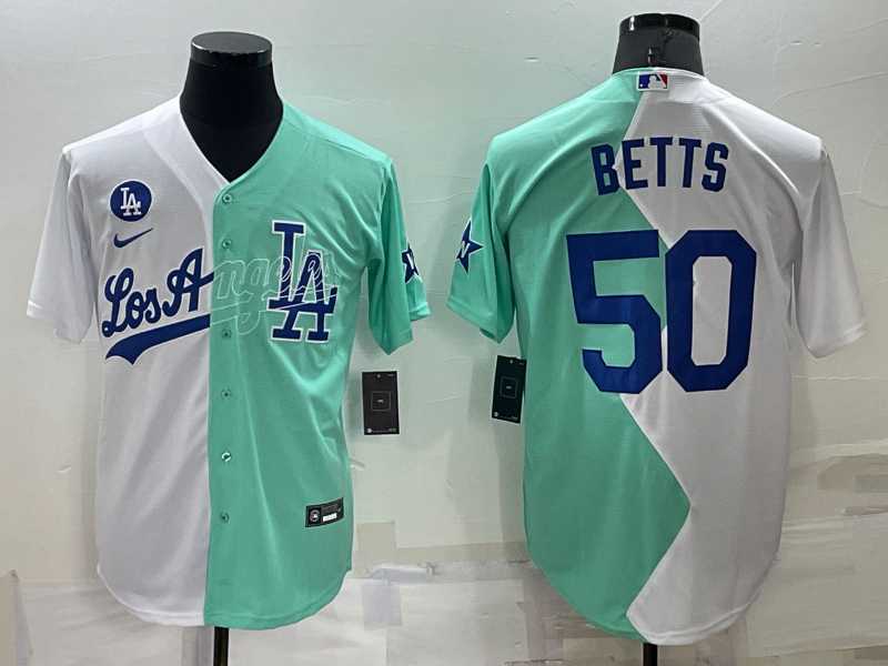Los Angeles Dodgers #50 Mookie Betts White Green Two Tone 2022 Celebrity Softball Game Cool Base Jersey,We sell and wholesale Los Angeles Dodgers #50 Mookie Betts White Green Two Tone 2022 Celebrity Softball Game Cool Base Jersey on line form chian!